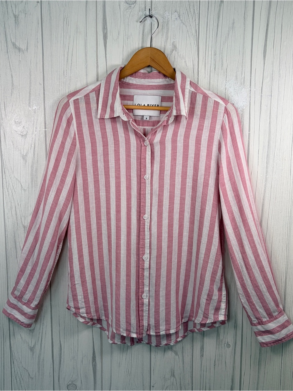 LOLA RIVER Striped Linen Blend Long-Sleeve Roll-Tab Button-Up Preppy Top, Small